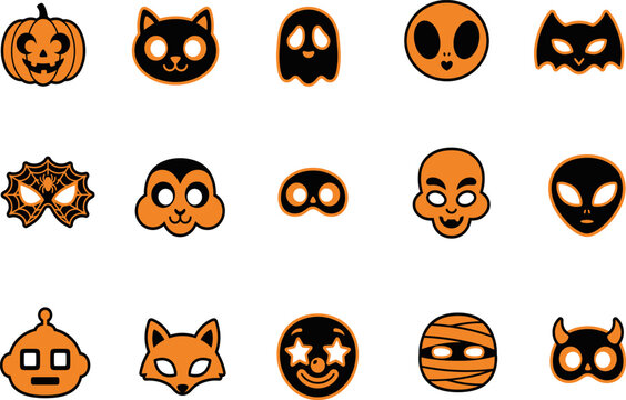 A vibrant assortment of halloween masks featuring pumpkins black cats superheroes spooky ghosts and other festive characters