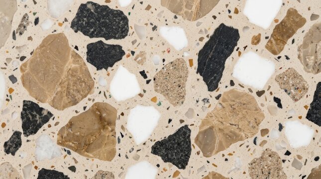 Decorative terrazzo pattern tile with colorful mosaic design elements for flooring.