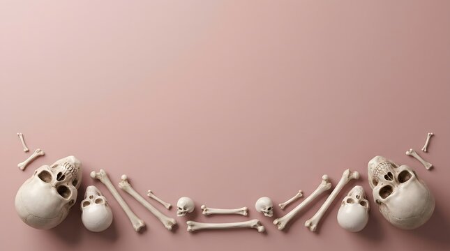 Human skulls and bones arranged as a decorative border on a soft pink background with copy space