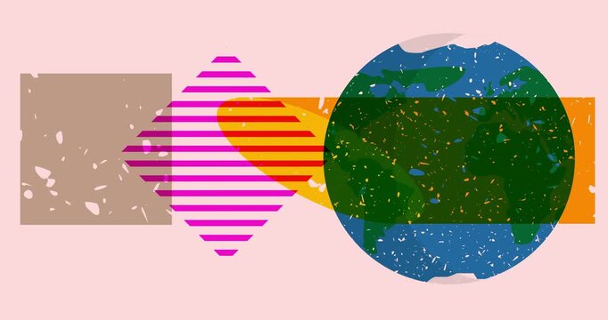Risograph Planet Earth with geometric shapes animation. Moving object in trendy riso graph design video.