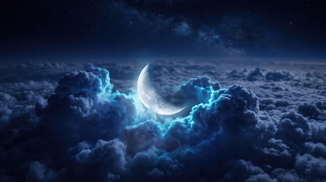 Glowing crescent moon nestled within dark blue storm clouds against a starry night sky with a visible milky way galaxy band above the horizon