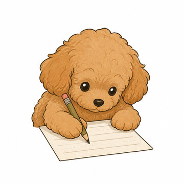 Poodle puppy writing on a worksheet hand drawn digital illustration isolated on white