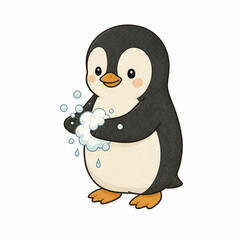 Fototapeta premium Cute penguin washing hands with soap hand drawn digital illustration isolated on white