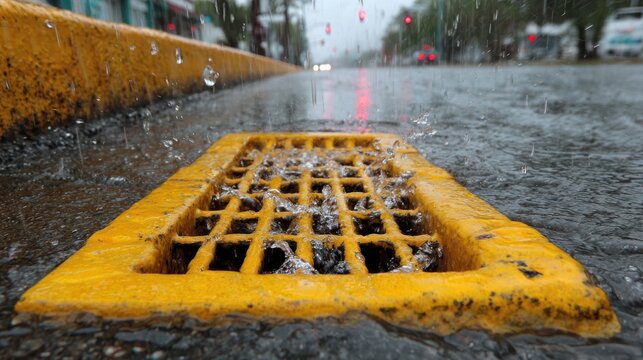 Rain water flows into a bright yellow city street drain