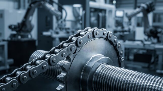 Close-up of a metal roller chain and timing chain for engine technology.