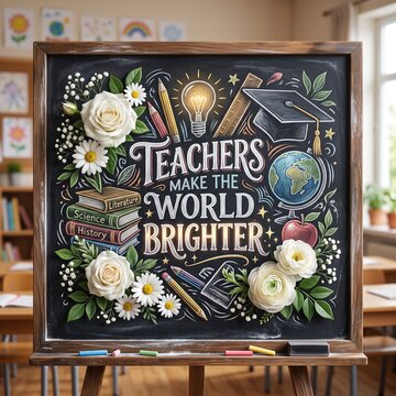 Chalkboard sign in a classroom setting featuring floral arrangements, school supplies, a globe, and a graduation cap with the inspiring quote Teachers Make the World Brighter.