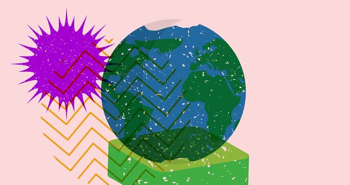 Risograph Planet Earth with geometric shapes animation. Moving object in trendy riso graph design video.