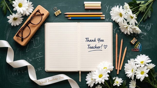A festive flat lay for Teacher Appreciation Day featuring an open notebook with Thank You Teacher text, white daisies, reading glasses, pencils, and a decorative white ribbon on a chalkboard