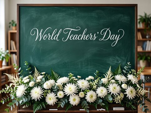 A beautifully decorated green chalkboard with elegant white script text reading World Teachers Day, adorned with a lush arrangement of white chrysanthemums and greenery in a warm classroom setting.
