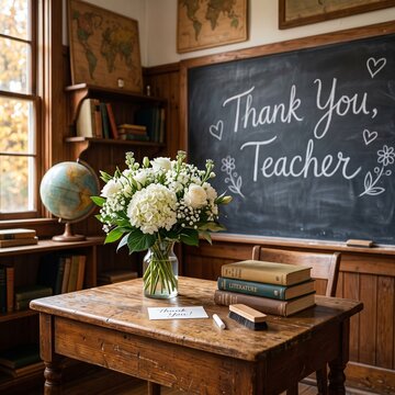 A beautiful bouquet of white hydrangeas and roses sitting on a rustic wooden desk in a vintage-style classroom, with a blackboard displaying the message Thank You, Teacher in chalk calligraphy.