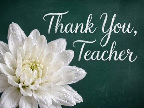A gratitude-themed greeting card featuring a pristine white chrysanthemum flower with water droplets resting against a textured dark green chalkboard background with white script text reading Thank