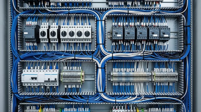 Intricate industrial electrical control panel featuring organized wiring and switches.