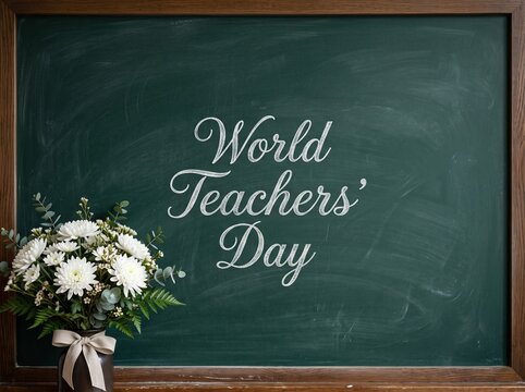 A Celebration of World Teachers' Day featuring an elegant arrangement of white chrysanthemums with a ribbon bow placed before a classic green classroom chalkboard with cursive text