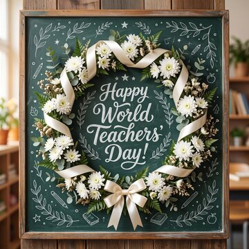 A festive chalkboard sign with a floral wreath frame featuring white chrysanthemums and silk ribbons, celebrating Happy World Teachers' Day in a classroom setting.