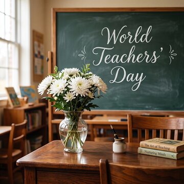 A Classroom Scene for World Teachers' Day Featuring a Vase of White Chrysanthemums on a Wooden Desk with a Chalkboard Background Displaying Handwritten Holiday Greetings and Academic Decor