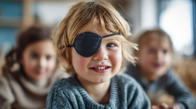 Young child with eye patch smiling with friends in the background