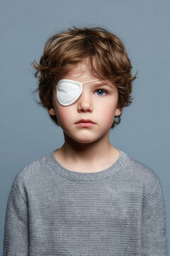 Young boy with an eye patch looking seriously at the camera with blue eyes