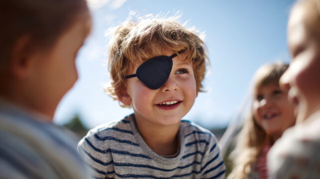 Young boy with eye patch playing with friends outdoors on a sunny day