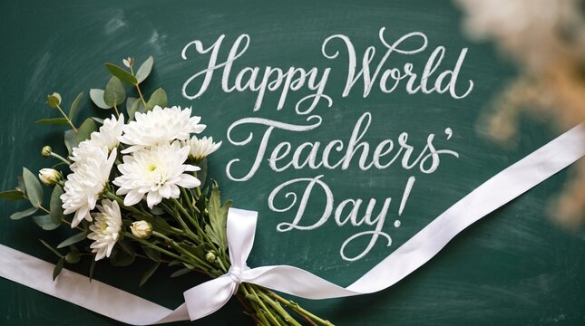 A festive greeting card for World Teachers' Day featuring an elegant bouquet of white chrysanthemums with a delicate white ribbon on a dark green textured chalkboard background