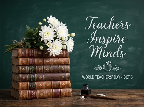 A stack of antique books topped with white chrysanthemums on a wooden desk against a chalkboard background with the text Teachers Inspire Minds celebrating World Teachers Day on October 5th