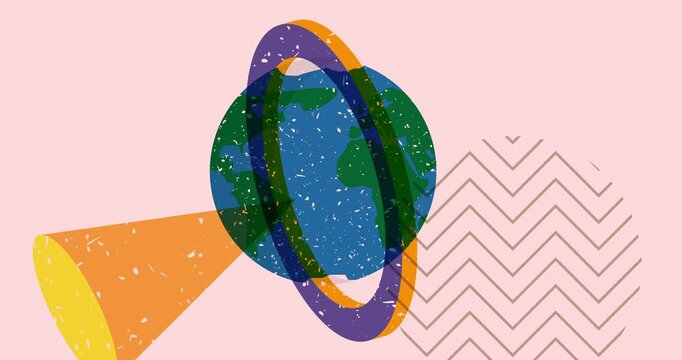Risograph Planet Earth with geometric shapes animation. Moving object in trendy riso graph design video.