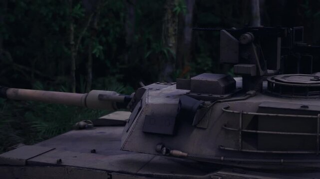 Lowlight maneuver of armored vehicle through shadowed trees, headlight glow and taillight hints, mudsplattered sides and compressed color palette, exercise