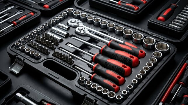 A professional set of various tools like wrenches, pliers, and screwdrivers in an organized toolbox.