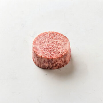 Single round wagyu beef steak cut with intricate fat marbling pattern and pink center on white table scattered with black peppercorns and fresh thyme.