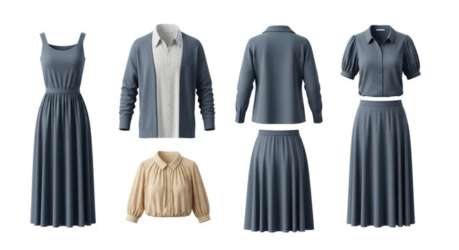 Set of Elegant Women's Fashion Apparel Including Dresses Blouses and Cardigans in Blue and Beige Tones for Minimalist Daily Wardrobe