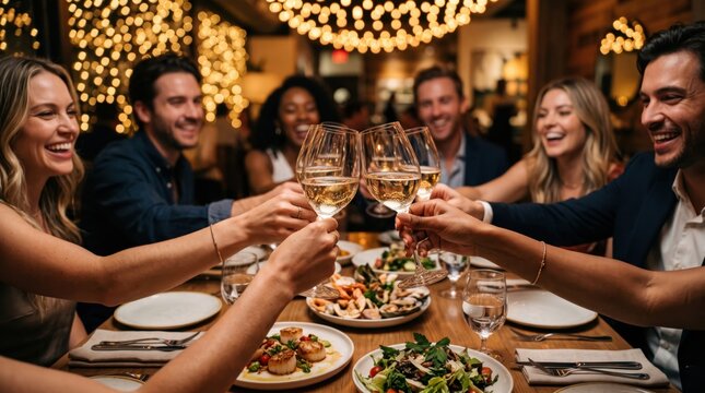Group of friends toasting with white wine glasses at a dinner party in a dimly lit restaurant with blurred golden bokeh fairy lights in the background