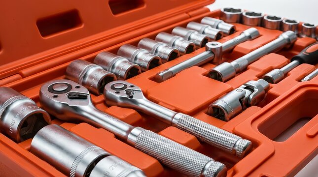 Professional socket wrench set and various tools inside an orange toolbox.