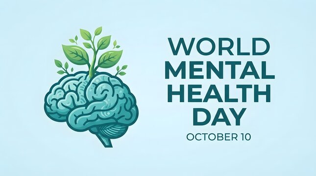 A creative illustration of a human brain with a small green plant growing from it to celebrate the annual awareness event world mental health day