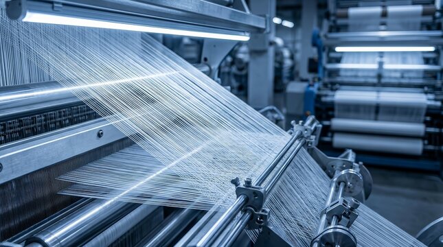 Close up of a textile machine weaving fabric with many fine threads.