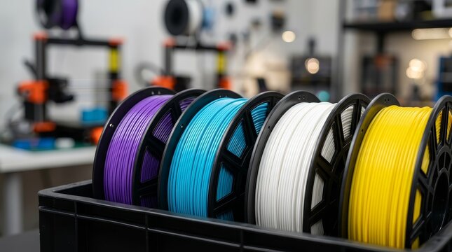 A row of blue, purple, and yellow 3D printing filament rolls in a storage box.