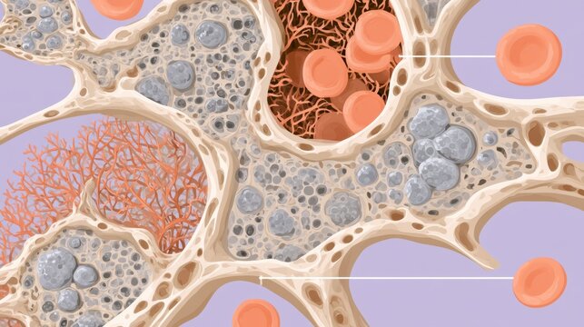 This diagram shows myelodysplastic syndrome in bone marrow, focusing on blood cell maturation issues and stem cell niche.