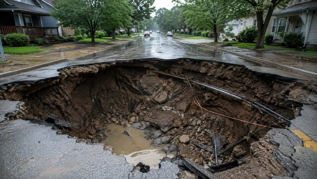 Massive sinkhole collapsing residential street after heavy rainfall causing severe infrastructure damage and danger