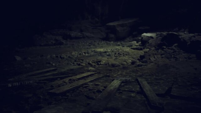 Moonlit cavern floor with radial planks, soft glow revealing wet stones and subtle reflections, tranquil nocturnal scene with archaeological undertones
