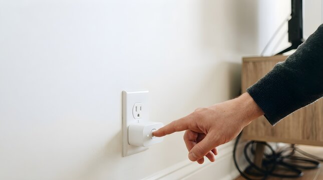 Person hand tapping a smart plug button plugged into a wall outlet to control home automation