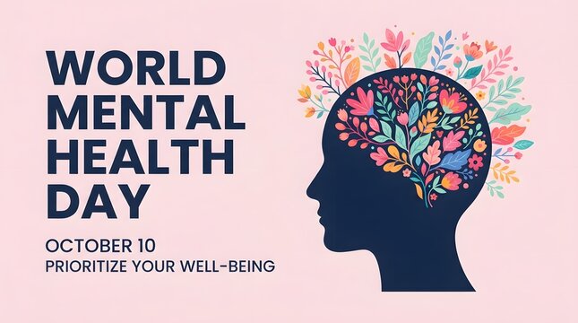 A creative illustration featuring a human head silhouette with colorful floral brain patterns designed to celebrate world mental health day on the tenth of october