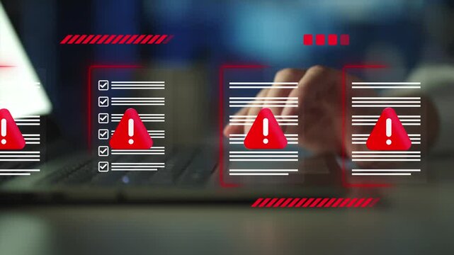 Cybersecurity, data protection. Document hack alert warning, , and online threats in modern communication systems
