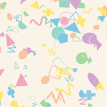 A playful pattern of pastel geometric shapes like triangles, zig-zags, and circles scattered randomly across a cream background in a 90s Memphis design style.