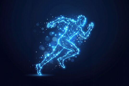 Futuristic digital runner silhouette, glowing blue wireframe athlete, neon motion energy concept