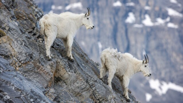 White mountain goats standing on steep rocky alpine cliff with rugged wilderness and dramatic mountain backdrop