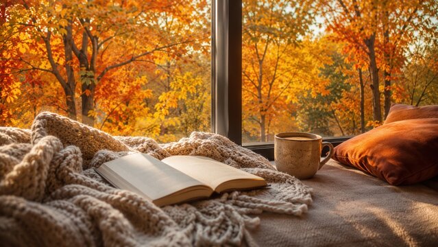 Cozy autumn reading nook with open book and warm coffee by window overlooking colorful fall forest view