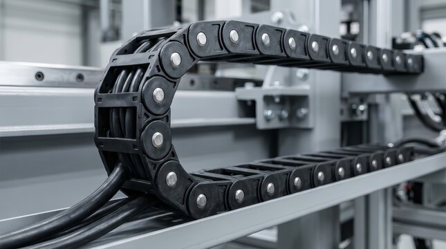 Industrial machinery concept featuring a flexible drag chain for wire and cable protection.