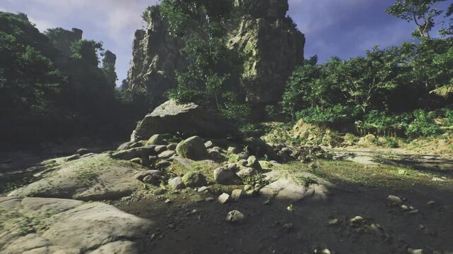 overgrown limestone ruin clearing with tangled vines and dense canopy, filtered sunlight creating dappled patterns, sense of mystery and hidden discovery.