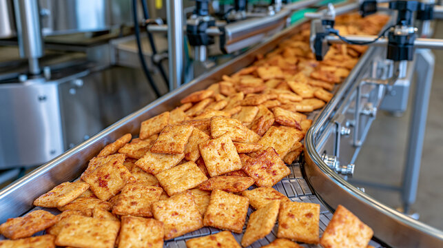 Finished snack crackers traveling toward an automated packaging machine, conveyor belt filled with perfectly baked pieces, mechanical weighing and sorting systems visible ahead, clean stainless stee