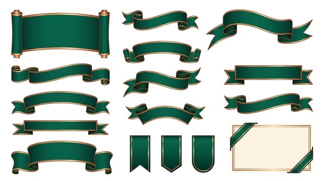 A collection of various green banners and ribbons with gold trim, presented on a white background.