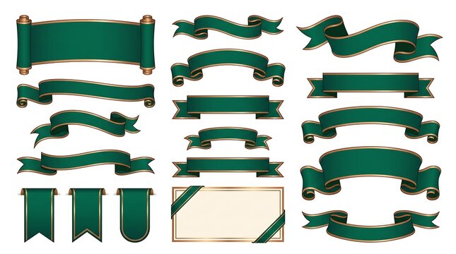 A comprehensive collection of elegant green ribbons and banners with golden borders, presented in various decorative shapes and styles.