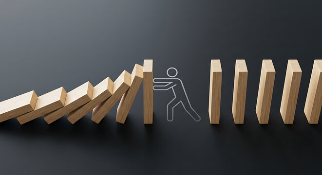 Wide cropped image of the outline of a businessman stopping the domino. Concept of stopping.
